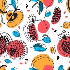 Shana tova seamless pattern. Jewish New Year happy Rosh Hashanah, repeating drawing pomegranate, apples, leaves holidays design for wallpaper, textile and wrapping, vector texture