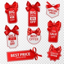 Shopping Labels. Red Price Tags Special Offer, Sale Retail, Promotion Messaging Christmas Pricing, Discount Label With Bow Vector Templates