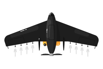 Wall Mural - Unmanned aircraft. Isolated aircraft drone with wings spraying chemicals top view. Vector unmanned airplane spraying pesticides agricultural aviation icon. Agriculture, air transportation technology