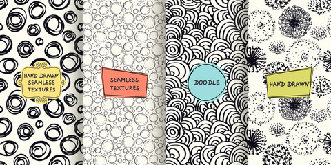 Fototapete - Set of seamless hand drawn texture designs for backgrounds, business cards, web design. Doodle pattern with trendy modern colorful labels. vector illustration 