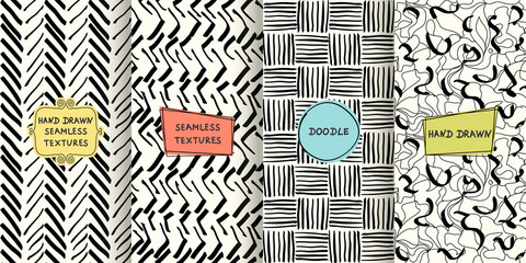 Fototapete - Set of seamless hand drawn texture designs for backgrounds, business cards, web design. Doodle pattern with trendy modern colorful labels. vector illustration 