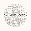 © Sir.Vector - Online Education poster with line icons. Vector circle illustration for brochure included icon as student, computer, books, teacher, laptop outline pictogram for home schooling, university trainig