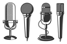 Set Of Illustrations Of Microphone In Retro Style . Design Element For Poster, Card, Banner, Logo, Label, Sign, Badge, T Shirt. Vector Illustration
