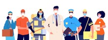 Essential Workers And Frontliners. Doctor Policeman Fireman Delivery Service And Volunteer In Protective Masks. Isolated Flat Professionals Worked Virus Pandemic Time Vector Illustration