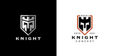 Knight Shield Logo Icon Design Concept. Defense Security Business Emblem. Gladiator Armor Warrior Crest Symbol. Abstract Castle Guard With Iron Helmet Crown Sign. Vector Illustration.