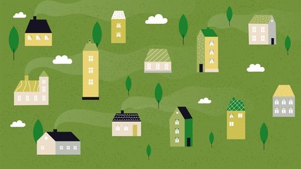 Wall Mural - Summer village landscape. Cute tiny houses, rural panorama background. Neighborhood or suburb, buildings in forest vector illustration. Landscape house, summer agriculture scenery