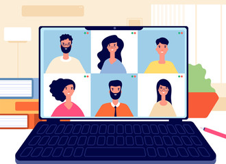 Wall Mural - Home video call. Online work conference, virtual class or team. Remote meeting digital business chat. Internet education vector illustration. Internet online communication use computer