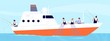 Fishery season. Fishermen on boat, commercial fishery ship in ocean. Industrial vessel and working fisherman with catch vector illustration. Fishing hobby, sport and active leisure