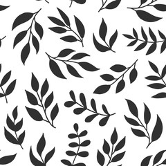 Wall Mural - Floral seamless pattern with fern, different leaves, black color branches on white background. Greenery vector summer forest background