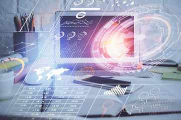 multi exposure of desktop computer and technology theme hologram. concept of software development.