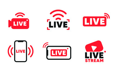 Set of live streaming icons and video broadcasting. Smartphone screen for online broadcast, streaming service.