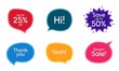 © blankstock - Season sale, 25% discount and save 50%. Colorful chat bubbles. Thank you phrase. Sale shopping text. Chat messages with phrases. Texting thought bubbles. Vector