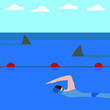 © Tatyana - A male character is swimming in the water, and shark fins are visible behind the buoys
