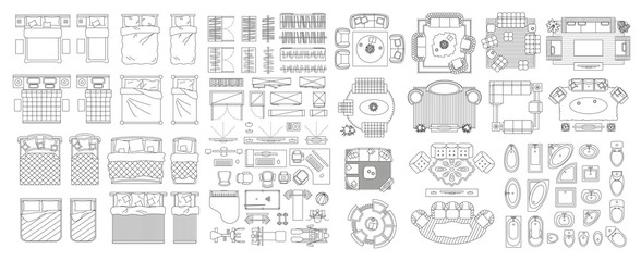 Set of linear icons. Interior top view. Furniture and elements for living room, bedroom, bathroom. Floor plan (view from above). Furniture store.