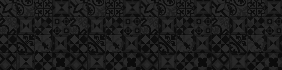 Aufkleber - Black anthracite gray grey vintage retro geometric square mosaic motif cement tiles texture background banner panorama