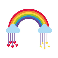 Sticker - cute rainbow with stars and hearts hanging flat style icon