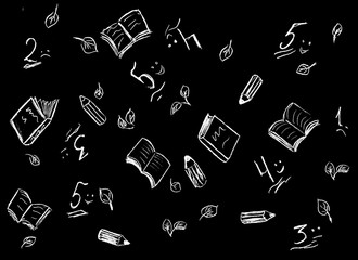 Black background with white drawn school grades, books, notebooks, pencils