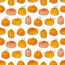 Vector Background With Pumpkins In Watercolor Effect. Seamless Pattern With Cute Gourds.
