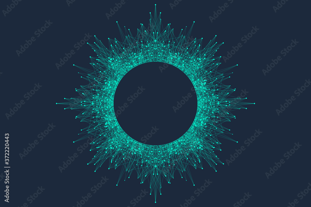 Quantum computer technology concept. Sphere explosion background. Deep learning artificial intelligence. Big data algorithms visualization. Waves flow. Quantum explosion, vector illustration. - obrazy, fototapety, plakaty 