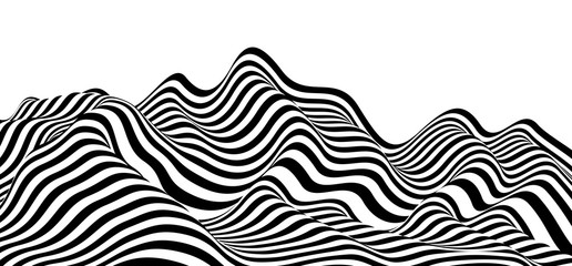 Wall Mural - 3D black and white lines in perspective abstract vector background, linear perspective terrain pattern op art.