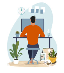 Modern concept illustration about home office, telecommuting, online education. A man sits and works at a computer in a cozy home interior. Flat vector illustration