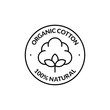 100% Natural Organic Cotton Icon. Vector badge, logo or label. Minimalistic illustration in line art style