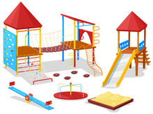Kids Playground Vector, Isolated Sandbox And Carousel For Children To Play. Swing And Wooden Construction For Physical Activity And Development Games