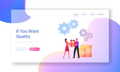 Wall Mural - Upsell Landing Page Template. Seller Character Give Present to Woman Buyer. Upselling Marketing for More Profitable Sale