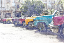Aquarellmalerei Von Einem Amerikanischen Historischen Auto In Havanna Kuba