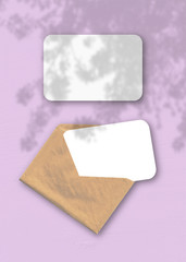 An envelope with two sheets of textured white paper on the pink background of the table. Mockup overlay with the plant shadows. Natural light casts shadows from an exotic plant