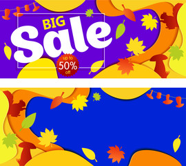 Wall Mural - Bright Banner autumn sales with leaves and silhouette squirrel. In yellow red shades on violet background. Vector illustrations, paper art and digital crafts style.