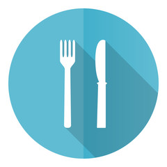 Poster - Eat vector icon, flat design blue round web button isolated on white background