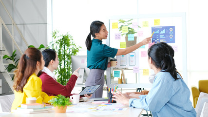 Wall Mural - brainstorm planing creative asian teamwork, group of asia mobile phone app developer team meeting fo