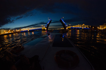 Panorama of St. Petersburg at night. Cities of Russia. Petersburg bridges. Summer in St. Petersburg. Travel across Russia. Breeding the bridge.