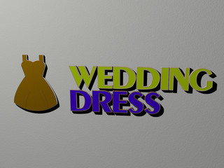 3D illustration of wedding dress graphics and text made by metallic dice letters for the related meanings of the concept and presentations for background and design