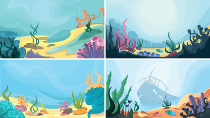 Wall Mural - Collection of underwater landscapes. Ocean floors in cartoon style.