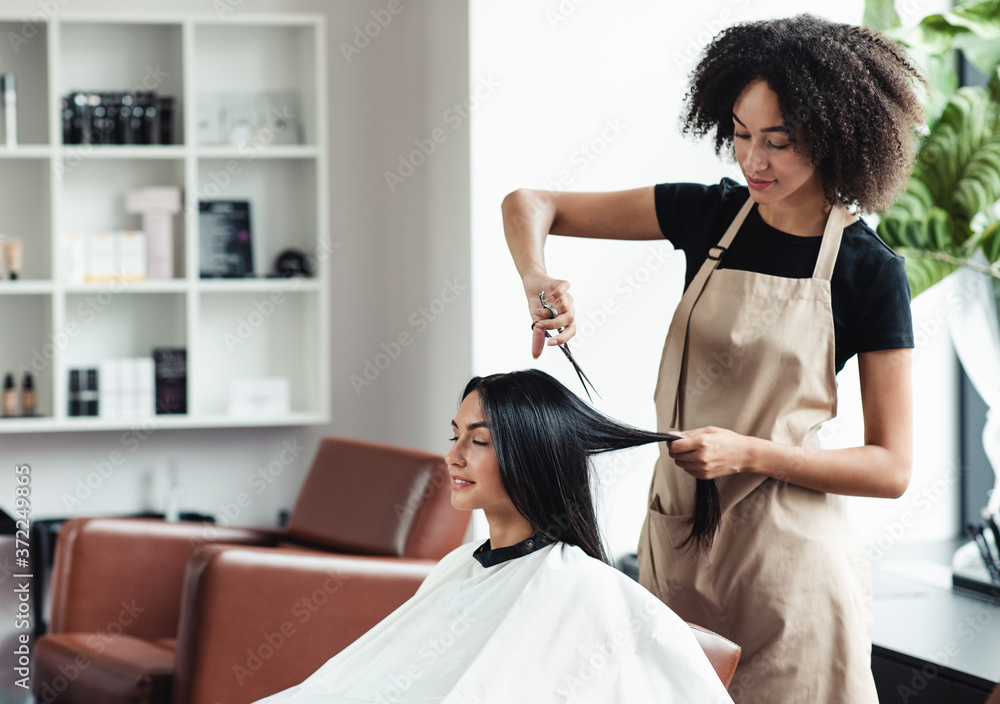 Young black hairdresser cutting hair of female customer at salon Stock  Photo | Adobe Stock