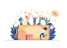 People Celebrating With Gift Card Voucher Isolated Flat Vector Illustration. Cartoon Happy Customers Winning Abstract Prize, Certificate Or Discount Coupon. Creative Strategy Camp And Money Concept