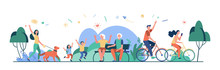 Happy Group Of Various People In Park Isolated Flat Vector Illustration. Cartoon Different Character Walking With Dog, Playing, Sitting And Biking. Summer And Leisure Concept