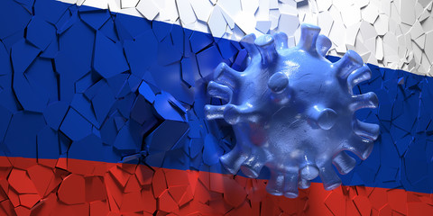 Sticker - Coronavirus Covid 19 breaking Russian flag wall. 3d illustration