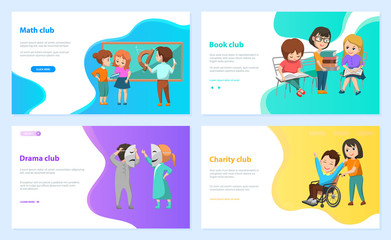  Charity and drama club vector, math and book hobby back to school concept. Children helping disabled students, acting on stage and solving geometry problems. Website or webpage template, landing page