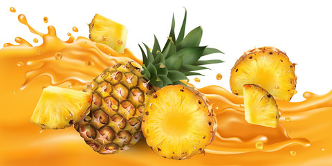 Whole and sliced pineapple on a fruit juice wave.