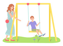 Woman Walking With Son, Boy Swinging On A Slide Swing At The Playing Field. Happy Cartoon Kid With Mother Playing In Showground On The Backyard. Childrens Summer Playground, Outdoor Activities