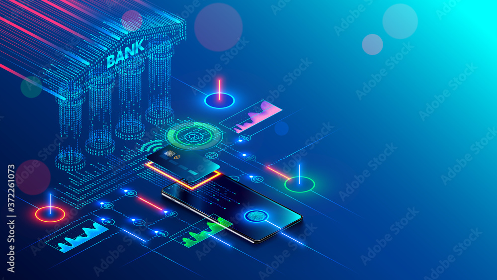 Mobile bank conceptual illustration. Internet online banking on phone. access to the money on bank card through app on smartphone with nfc technology. Digital Financial services and pay in web shop. - obrazy, fototapety, plakaty 