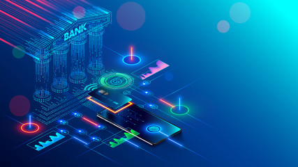 Leinwandbilder - Mobile bank conceptual illustration. Internet online banking on phone. access to the money on bank card through app on smartphone with nfc technology. Digital Financial services and pay in web shop.