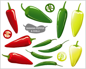 Wall Mural - Set of banana pepper or banana chili illustration in various styles and colors; green, light green and red, vector format