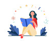 Female student sitting and reading book. Study, learning, girl flat vector illustration. Education and knowledge concept for banner, website design or landing web page