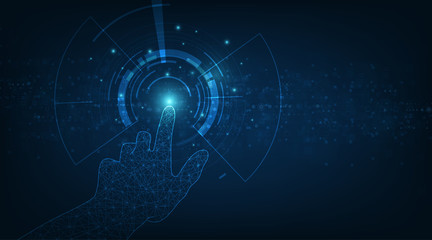 Vector hand and circle tech on dark blue color technology background design.