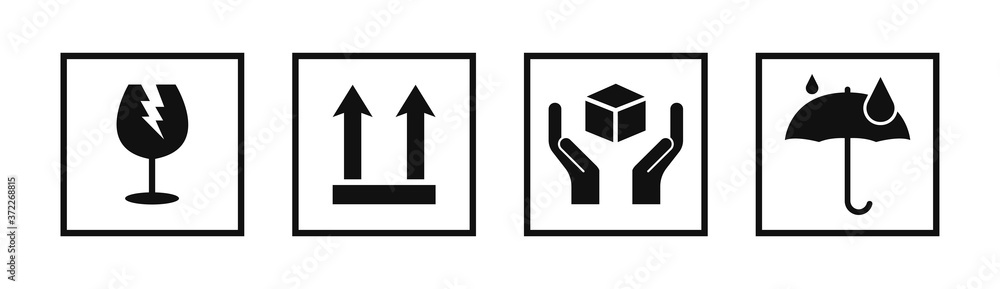 Fragile package signs set icons set vector - obrazy, fototapety, plakaty 