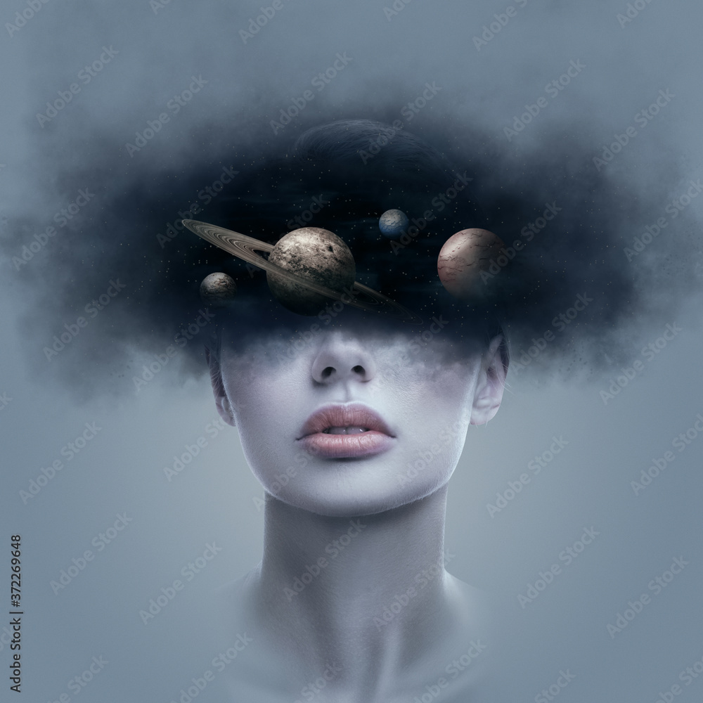 Fantasy art portrait of young woman with head in galaxy outer space - obrazy, fototapety, plakaty 